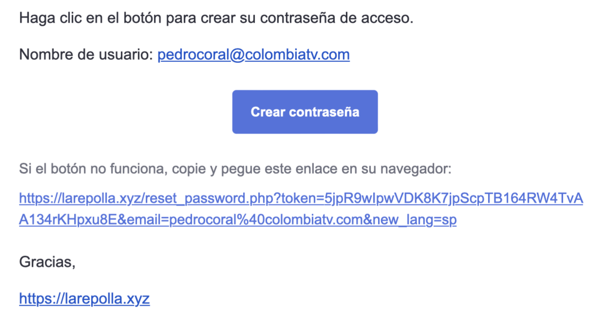Correo de invitación con enlace para crear contraseña